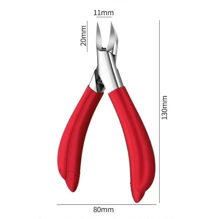 Red ingrown nail cutter – labeled dimensions: 130 mm length, 11 mm blade width, 20 mm blade length