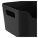Black rectangular storage bin with handles on a white background