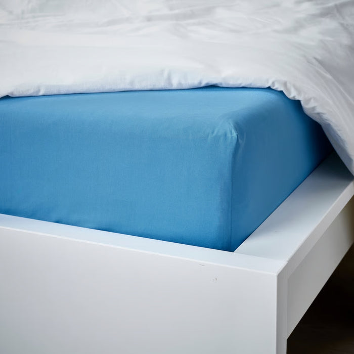 IKEA VÅRVIAL Fitted Sheet Blue 140x200 cm with SANELA Cushion Cover Deep Blue 50x50 cm