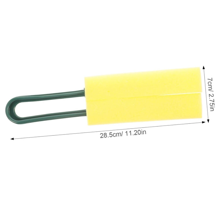 Yellow sponge brush with green loop handle – dimensions shown as 28.5 cm length and 7 cm width – designed for bottles, lids, and kitchen cleaning – 1598453485864 13972338