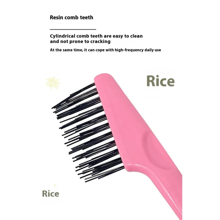 Comb cleaning brush with pink handle—featured beside a pink resin comb with cylindrical black teeth. On-image text highlights the comb’s durable resin teeth, easy-to-clean design, and resistance to cracking, noting suitability for high-frequency daily use. The word “Rice” is repeated, possibly indicating a brand or texture description – 1600006854656 13271574.