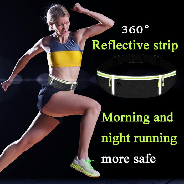 Waterproof running belt – black with 360° reflective strip, shown in low-light running scene for safety