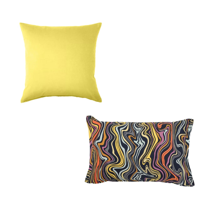 IKEA SANELA Cushion Cover, light yellow, 50x50 cm with KLIPPNEJLIKA Cushion Cover Dark Blue Multicolour 40x58 cm