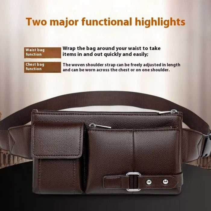 Brown leather bag shown with adjustable strap, usable as waist or chest bag – 1600007588949 14145394