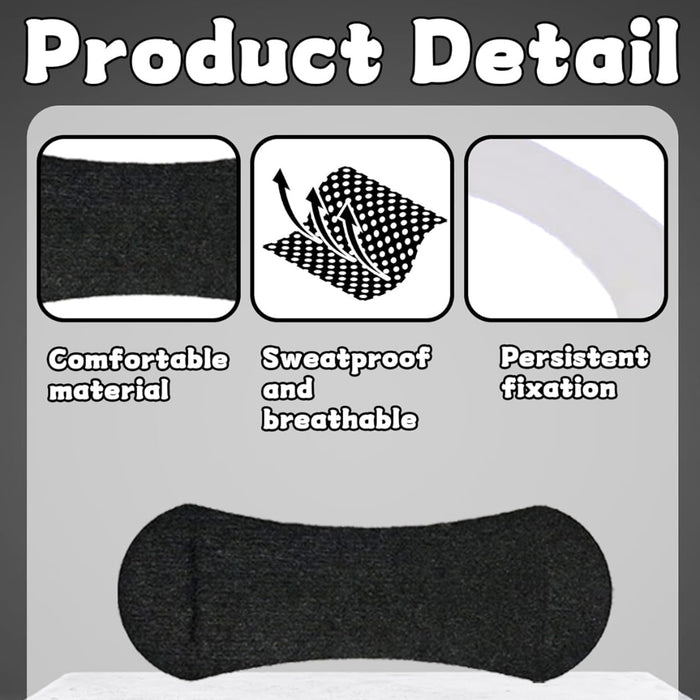 Black fabric product detail highlighting sweatproof, breathable material with secure fixation for extended use