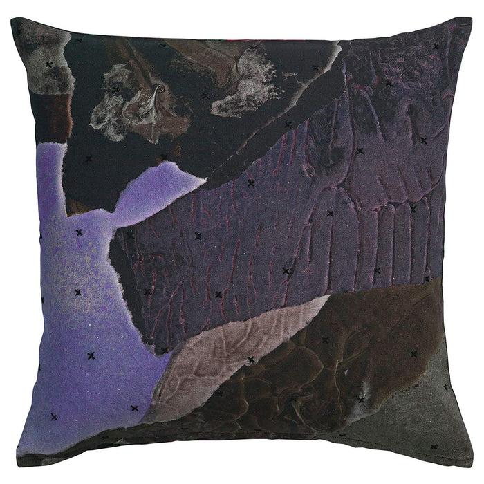 Decorative pillow with abstract design in purple, brown, and gray on a white background