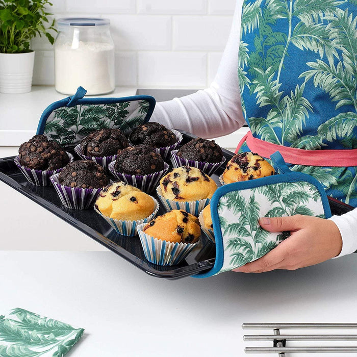 IKEA MAJFISK 3-piece kitchen utensil set, acacia with SILVERPOPPEL Pot Holder, Patterned, Green Blue, 23x23 cm (9x9) - 2 Pack.