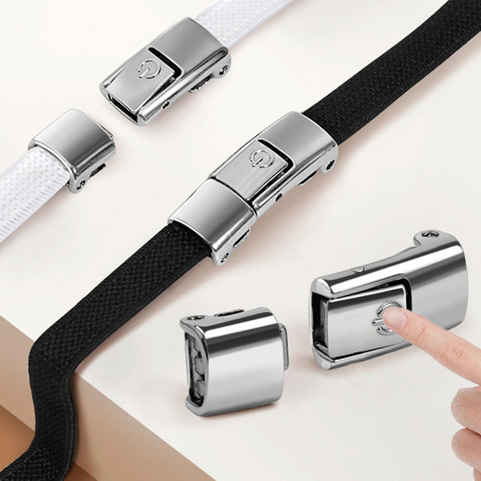 Chrome magnetic buckles attached to black and white woven straps – sleek locking system for shoelaces, belts, or accessories – 1600001203845 13967208