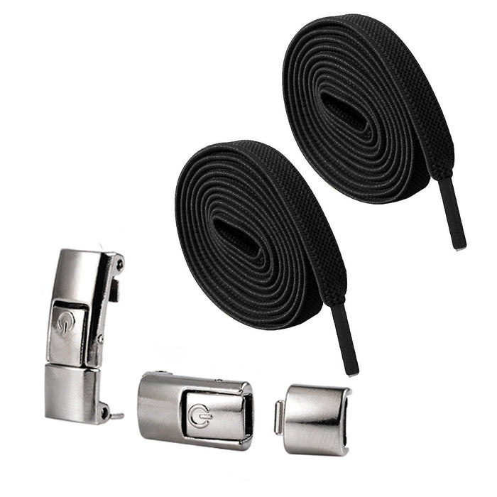 Black elastic no-tie shoelaces with metallic press-lock system shown coiled and disassembled – quick-fit design for sneakers, kids, and elderly users – 1600001203845 13967208