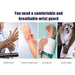 Advertisement for a comfortable and breathable wrist guard with images of wrist injuries and people wearing the product.