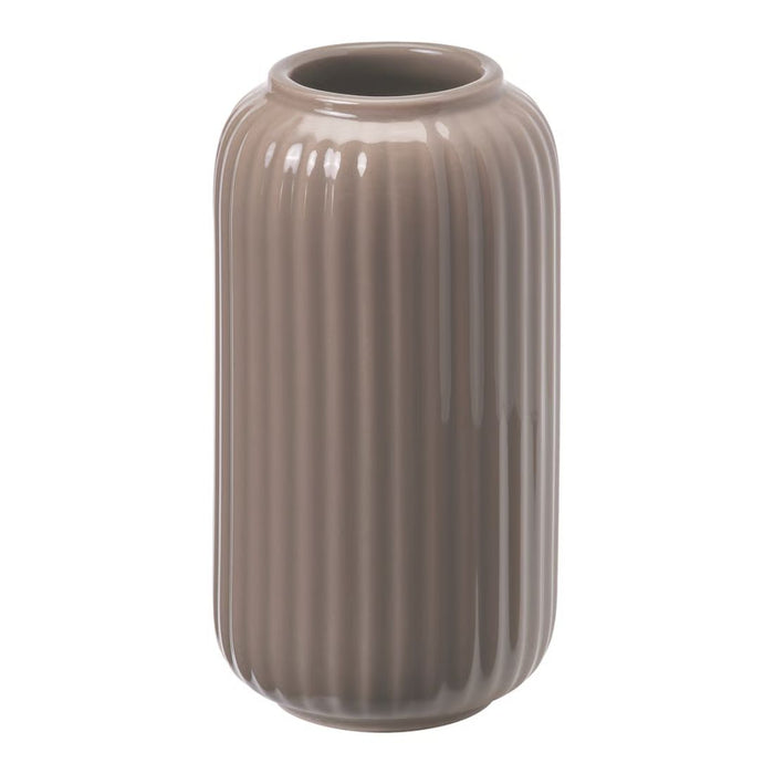Brown ceramic vase with ribbed texture on a white background