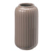 Brown ceramic vase with ribbed texture on a white background