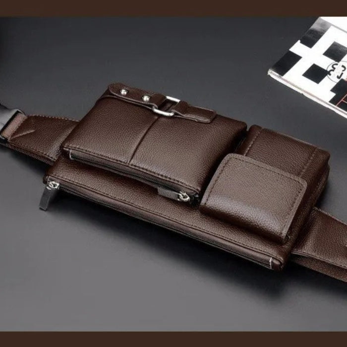 Dark brown leather waist bag with structured compartments and decorative buckle strap – 1600007588949 14145394