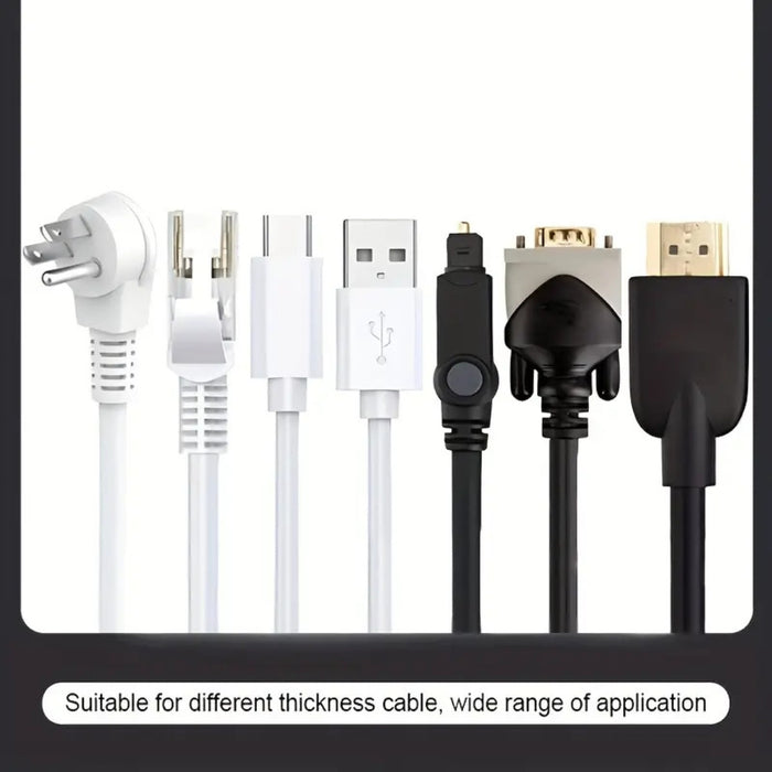 Cable Organizer Clips – 5pcs Black TPR, Single-Hole Buckle Design, compatible with multiple cable types including USB, HDMI, VGA