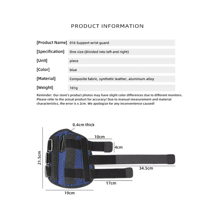 Support wrist guard with product information and dimensions on a white background