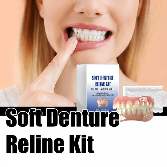 Close-up of user pressing upper teeth, paired with product box and packet, suggesting relief from denture discomfort