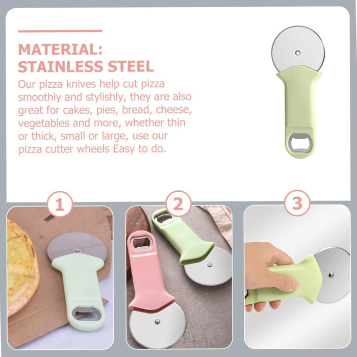 Stainless steel pizza cutter with pastel handle shown slicing pizza and placed beside food – labeled for use with cakes, pies, bread, and more – 1600000037418 14006653