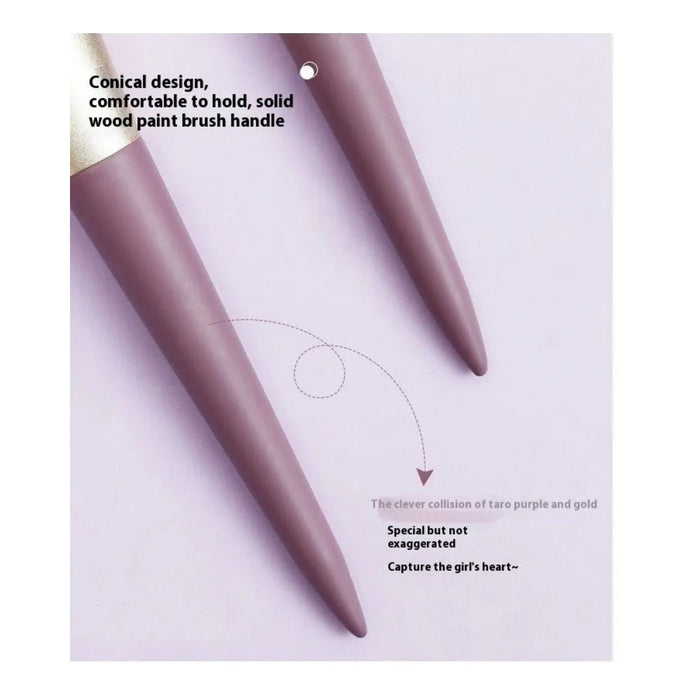 Two conical purple paint brush handles on a light purple background with text describing the design.