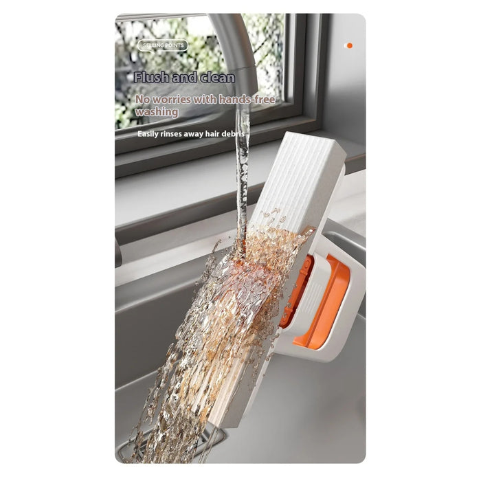 Handheld shower head with water flowing, used for cleaning windows.