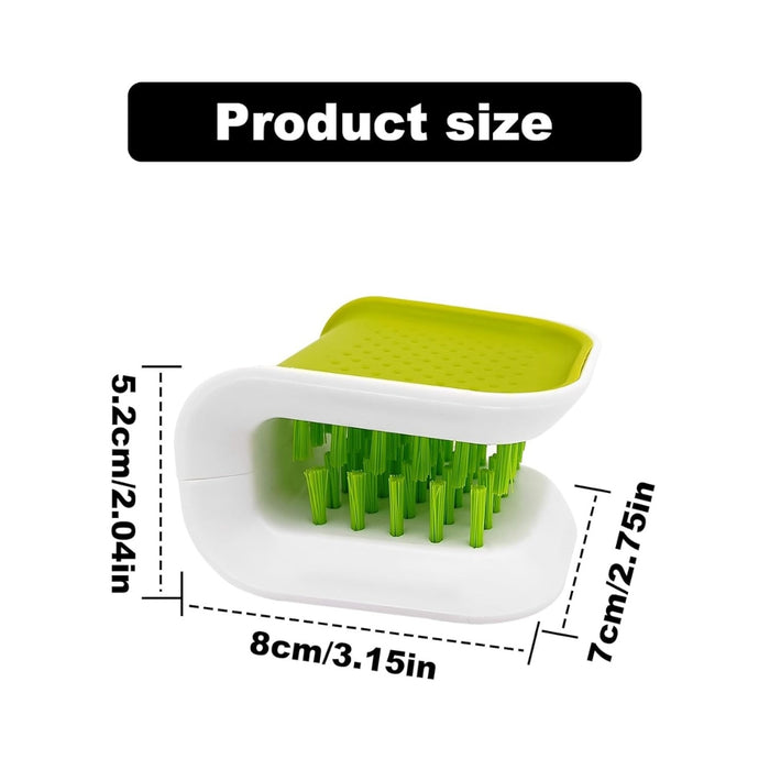 U-shaped scrub brush – labeled dimensions: 8×7×5.2 cm with green bristle core