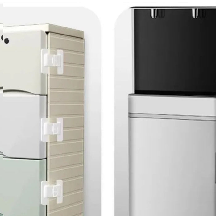 Two refrigerators with clear refrigerator door locks attached to them.