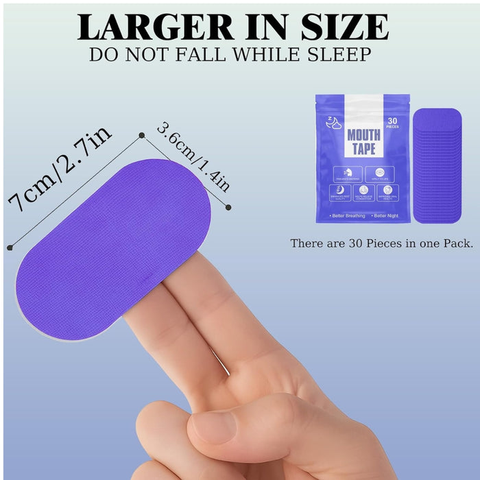 Close-up of purple mouth tape strip with dimensions, emphasizing larger size and secure overnight hold