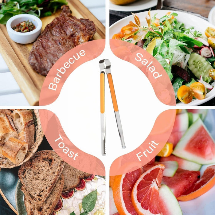 Tongs holding seasoned meat with mint garnish – text highlights smooth edges for safe handling without scratches