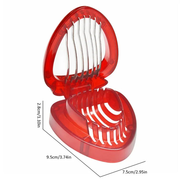 Red slicer with metal wires and grooved base shown with labeled dimensions – 9.5 cm length, 7.5 cm width, 2.8 cm height – 1261421 13927578