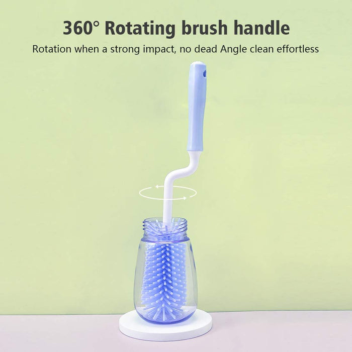 360-degree rotating brush handle with clear base and white stand on a light green background