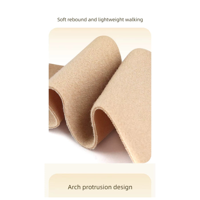 Close-up of beige arch support pad with text on a white background