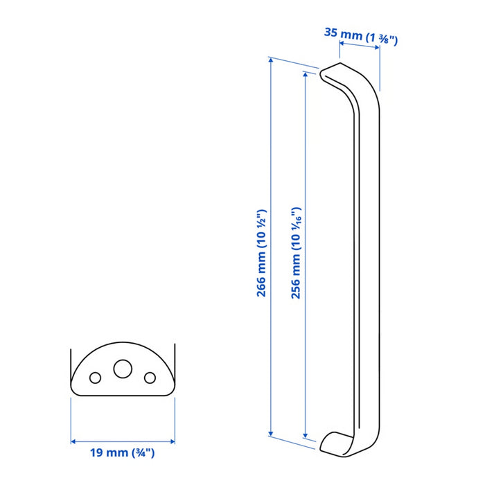 Technical drawing of a curved metal rod with dimensions labeled