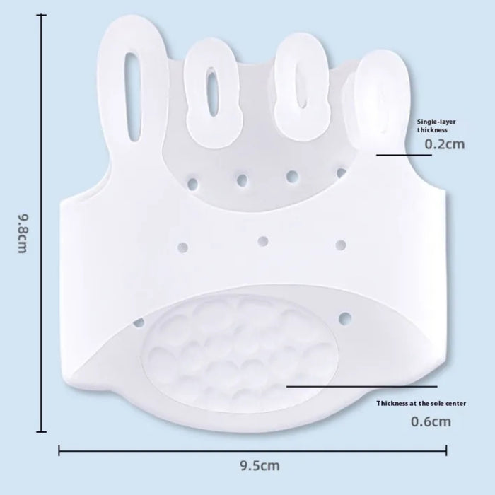 Product dimensions shown for silicone pad with toe slots and cushioned sole center