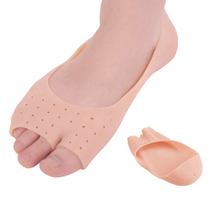 skin‑coloured silicone forefoot pad worn on foot with ventilation holes