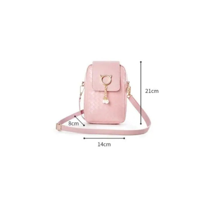 Pink crossbody bag with measurements on a white background