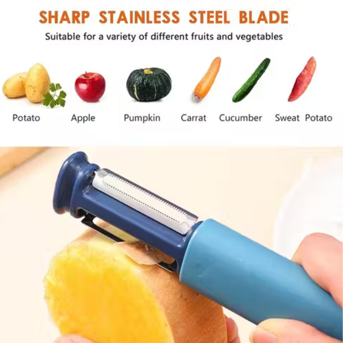 Blue vegetable peeler being used on a potato with text about sharp stainless steel blade and fruit/vegetable compatibility.