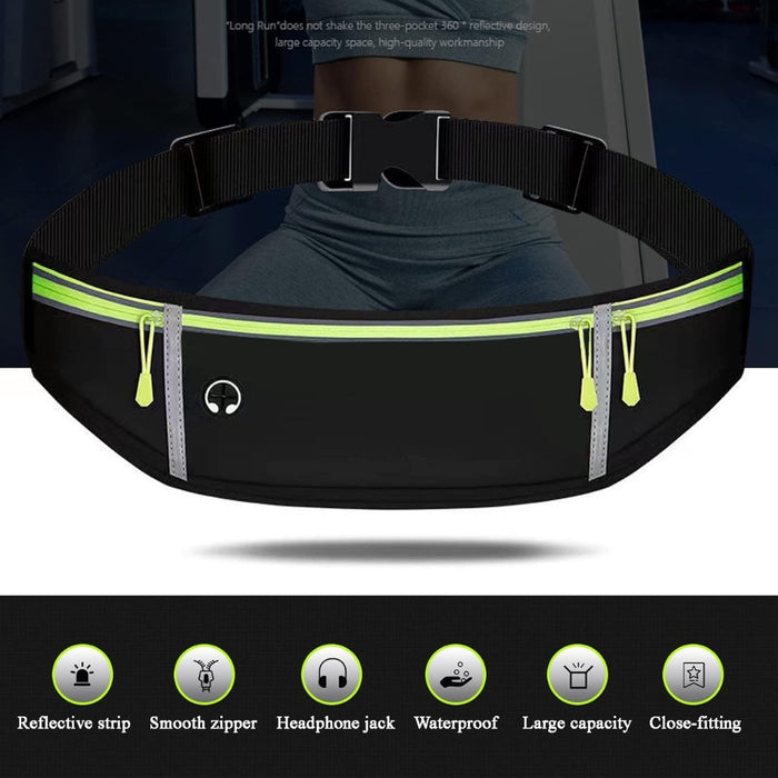 Waterproof running belt – black with neon green trim, shown with icons for waterproof, headphone jack, reflective strip, large capacity