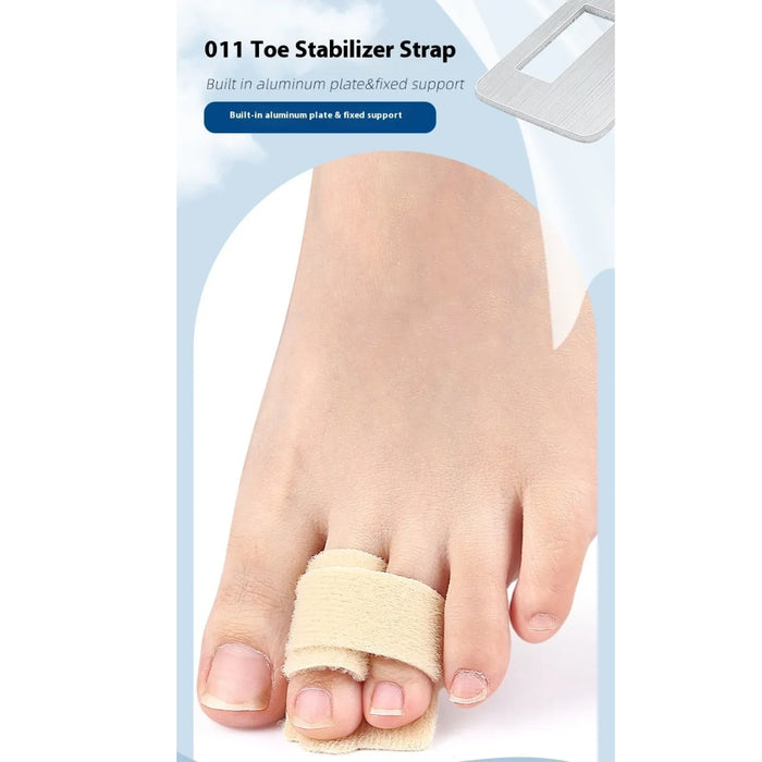 Toe stabilizer strap being worn on a foot with packaging in the background