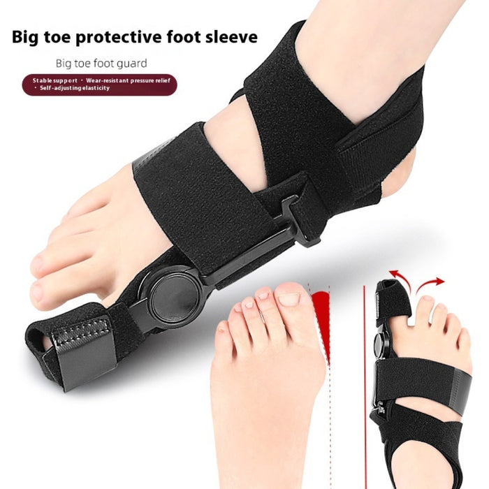 Big toe protective foot sleeve for right foot with adjustable straps and correction motion illustration