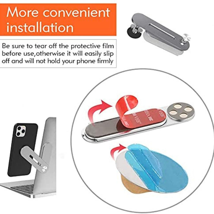 Magnetic phone holder with adhesive pads and protective film shown beside laptop – installation guide emphasizes secure mounting – 1747662 14007838