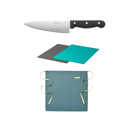 Knife with black handle, two cutting boards (gray and teal), and a blue apron on a white background.