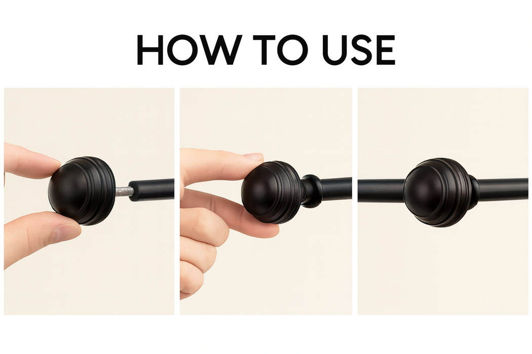 Step-by-step visual guide showing how to attach FASTSTALLA finials to curtain rod ends using screw-in method