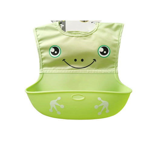 Green baby bib with a smiley face design on a white background