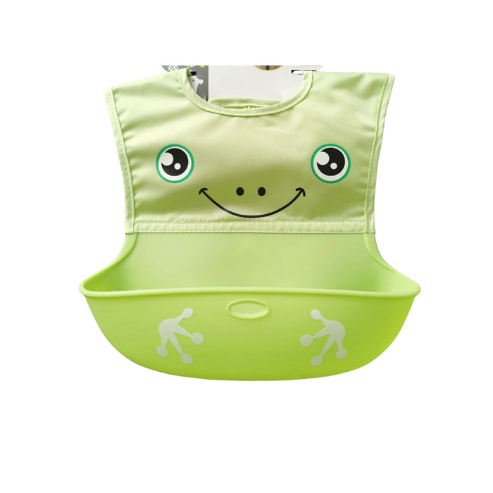 Green baby bib with a smiley face design on a white background