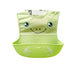 Green baby bib with a smiley face design on a white background