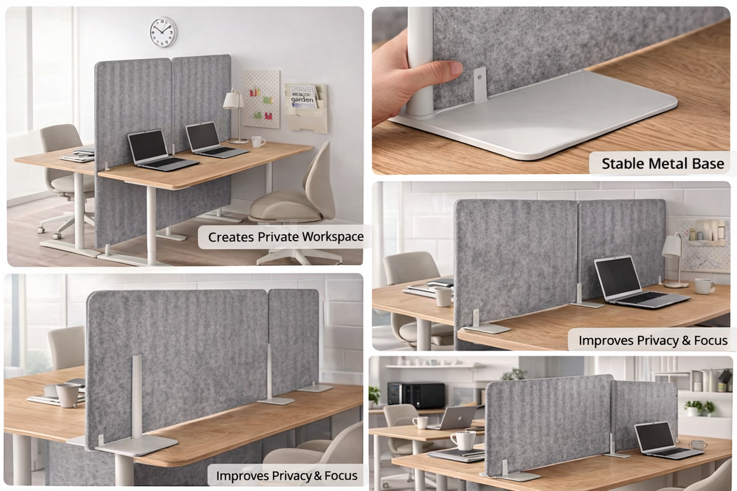 Collage of office desk dividers with text highlighting features