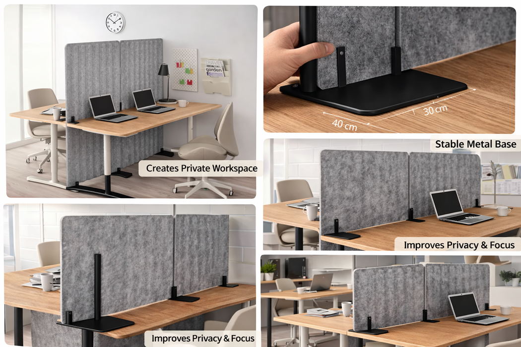 Collage of office desk partitions with text highlighting features like stable metal base and improved privacy.
