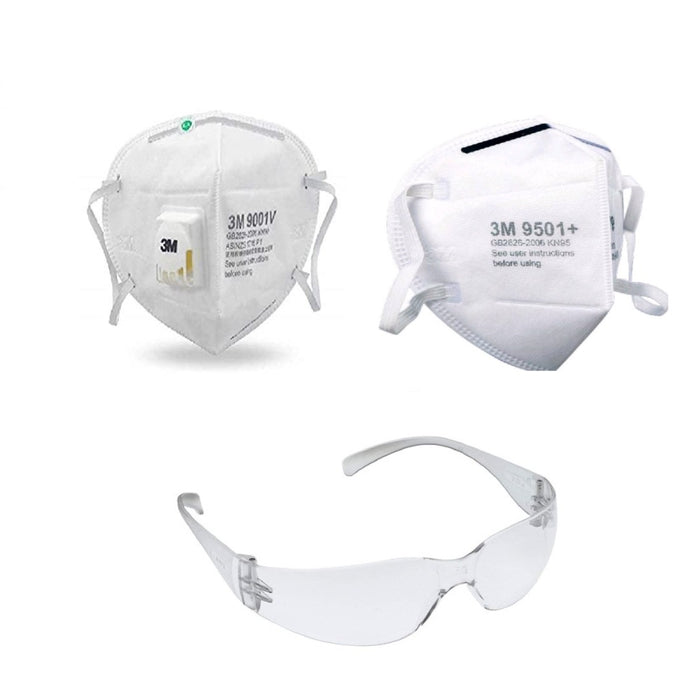 Digital Shoppy 3M 9001V PM2.5 KN90 Anti Pollution Mask Particulate Respirator Mask with Cool Flow Valve and 9501+ PM2.5 KN95 Anti-dust Anti-pollution Protective Mask with Cool Flow Valve and 3M 11850 Virtua IN Unisex Protective Eyewear Goggles