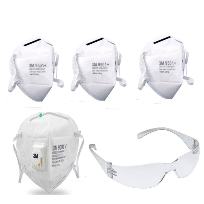 Digital Shoppy 3M 9001V PM2.5 KN90 Anti Pollution Mask Particulate Respirator Mask with Cool Flow Valve and 9501+ PM2.5 KN95 Anti-dust Anti-pollution Protective Mask with Cool Flow Valve and 3M 11850 Virtua IN Unisex Protective Eyewear Goggles