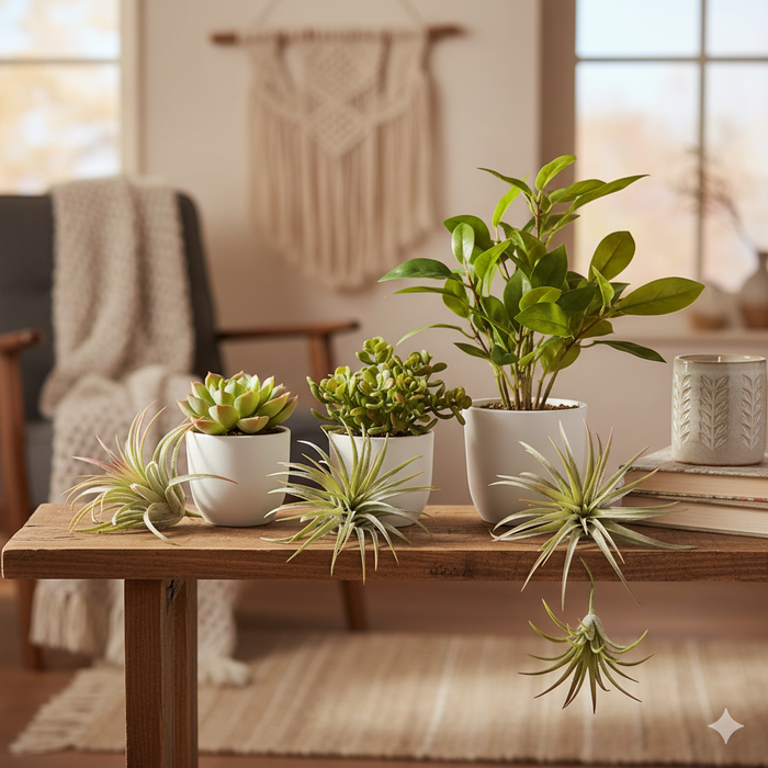 Table with potted plants in a cozy living room setting