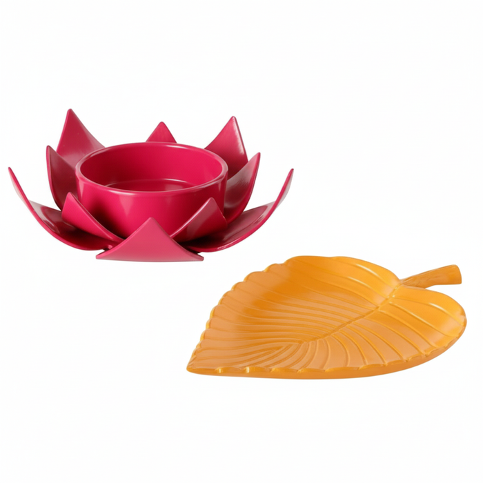 IKEA AROMATISK Decoration, leaf, yellow, 22x16 cm WITH Block candle holder, dark pink Lotus, 40 mm